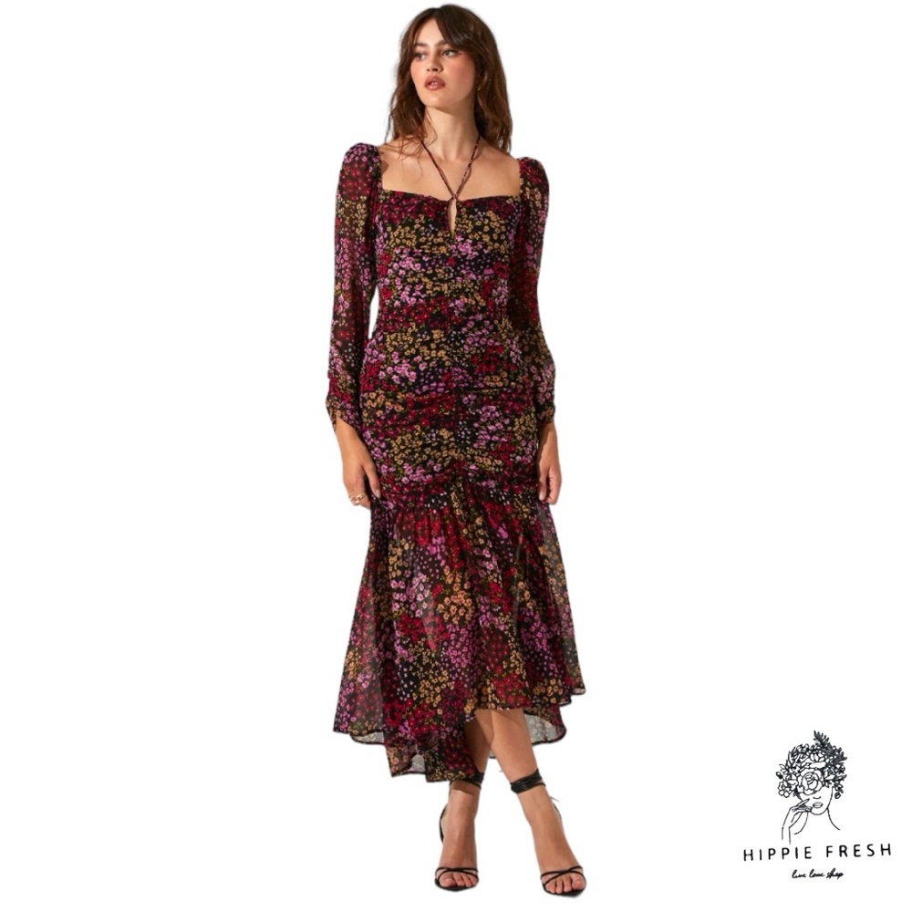 ASTR the Label ATHENA FLORAL RUCHED LONG SLEEVE MIDI DRESS Size S